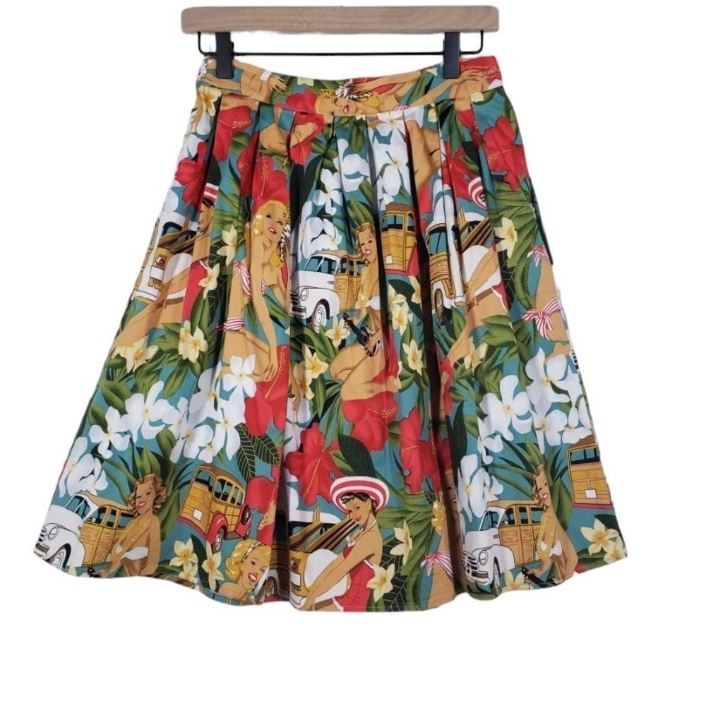 Rockabilly Retro Pinup Girl Hawaiian Print A-Line‎ Full Skirt S Coral Tan Aqua